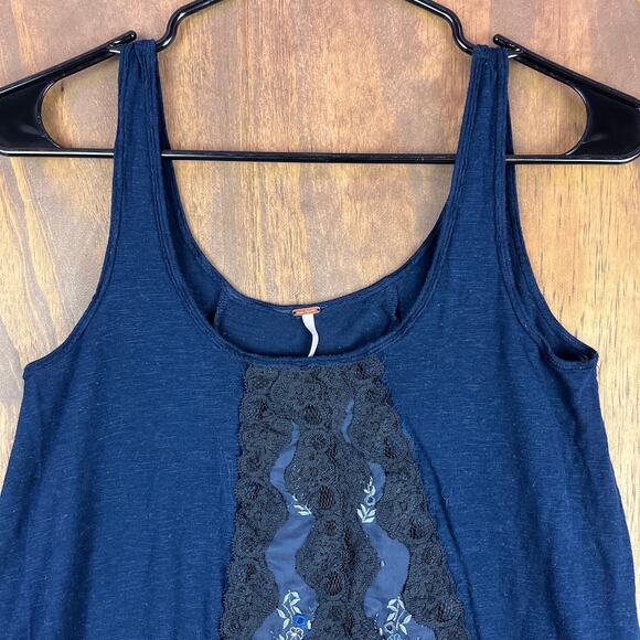 Free People Womens Blouse Blue Tank Lace Front Floral Linen Blend Stretch S - Picture 2 of 10